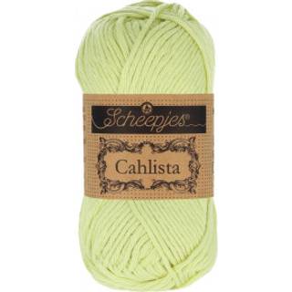 Scheepjes Cahlista 392 Lime Juice Indhold: 100% naturlig bomuld Vægt/længde: 50 gram = ca. 85 meter Anbefalede pinde: 4.50-5.00mm Strikkefasthed: 10 x 10 cm = 19 m x 23 p Maskinvask 60°C / Tørres fladt .