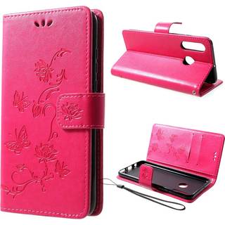 Huawei P30 Lite trykt sommerfugle blomster læder flip etui - Rød
