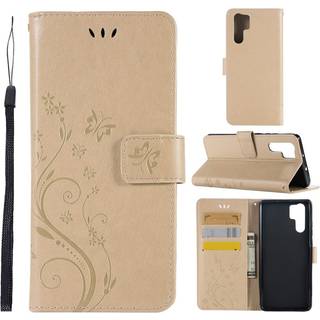 Huawei P30 Pro sommerfugle- og blomstertryk læder flip etui - Guld