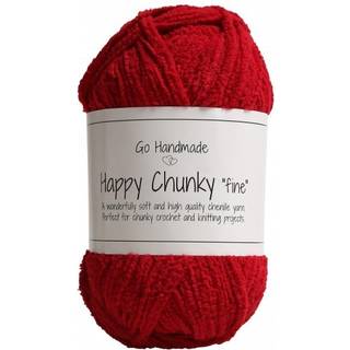 Go Handmade Happy Chunky Fine 17861 Varm rød Indhold:100% Polyester Vægt/længde:50 g = ca. 65 m Anbefalede pinde:4-5 mm Kan vaskes på maskine, maks. 40°C / Tørres fladt.
