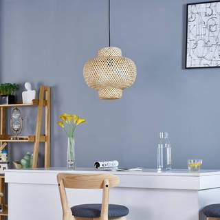 Hængelampe Venora Lindby, dæmpbar, Lyst træ, Stue/spisestue, Bambus, Herregårds/rustik