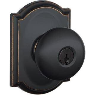 Schlage F51A PLY 716 Cam Plymouth Knap med Camelot Trim Keyed Entry Lock Aged Bronze