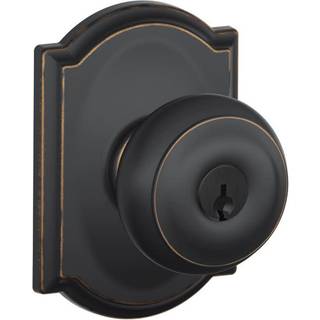 Schlage F51A Geo 716 Cam Georgian Door Knob med Camelot Trim Keyed Entry Lock Aged Bronze