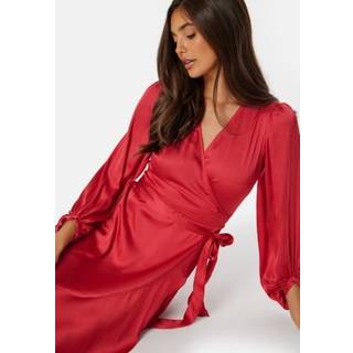 Bubbleroom Occasion Wrap Frill L/S Satin Dress Red 2XL