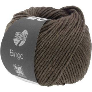 Lana Grossa Bingo 1025 Mørkebrun meleret Indhold:100% ren ny, ekstrafin merinould Vægt/Længde: 50 g = ca. 80 meter Anbefalede pinde: 4.5-5.5 mm Strikkefasthed: 10 x 10 cm = 16 m x 23 p Vask:Finvask 30º/ Tørres fladt.