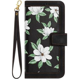 iPhone 15 Plus Læder Flip Cover m. Pung & Strop - Sort m. Blomster