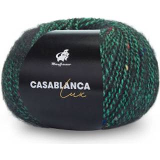Mayflower Casablanca Lux 11 Smaragdgrøn Indhold: 28% polyakryl, 27% alpaka, 13% uld, 13% bomuld, 10% polyamid og 9% polyester Vægt/længde: 50g= ca. 225 meter Anbefalede pinde: 3½-4 mm Strikkefasthed: 18 masker x 27 rækker Vaskes i hånden, tåler ikke blegning eller tørretumbling, tørres fladt.