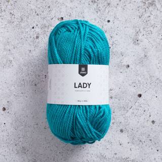 Järbo Lady 31 Turquoise Indhold: 100% akryl Vægt/længde: 50 g = ca. 125 meter Anbefalede pinde:4 mm Strikkefasthed: 10 x 10 cm = 21 m x 28 p Vask:Maskinvask 40ºC.