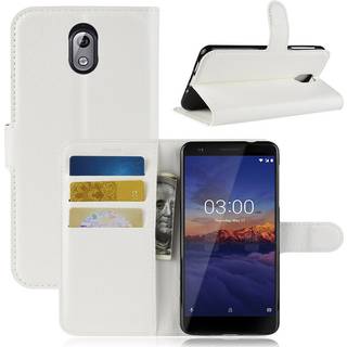 Nokia 3.1 mobiletui i kunstlæder med Litchi overfalde samt pung - Hvid