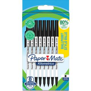 Paper Mate Kilometrico kuglepenne | Lang skrivning med mellempunkt (1,0 mm) | Sort blæk | 80% genanvendt plast | 8 Stk