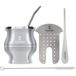 Cuopru Yerba Mate Cup - Mate Gourd Set inkluderer dobbeltvægget rustfrit stål te cup te shaper sæt bombilla strå rengøringsbørste (sølv)