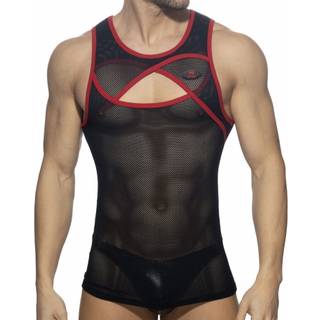 AD Fetish Crossed Mesh Tank Top - Black - Red