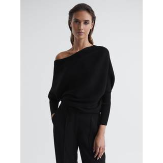 Reiss Reiss Black Lorna Asymmetric Drape Knitted Top