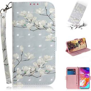 Samsung Galaxy A70 dekorationsmønstret lædercover - hvide blomster
