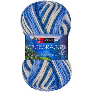 Viking Norgesraggen 825 Multi hvid/blå Indhold: 40% Uld, 40% Akryl, 20% Nylon Vægt/længde: 50 g = ca. 100 meter Anbefalede pinde: 3.5 mm Strikkefasthed: 10 cm = 22-23 m Vask: 30°C uden skyllemiddel / Tåler ikke tørretumbling / Tørres fladt.