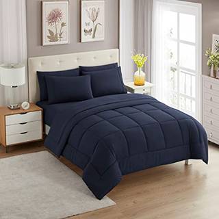 Sweet Home Collection 7 Piece Comforter Set Bag Solid Color All Season Soft Down Alternative Filt & Luxurious Microfiber Bed Sheets Navy Twin XL