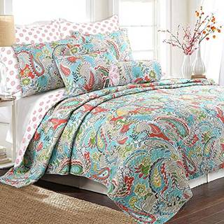 Hyggelige linje hjem mode turkisbl? koral blomsterblad reversibel quilt senget?j s?t Coverlet senget?ppe letv?gt til alle s?soner (Mirage Paisley