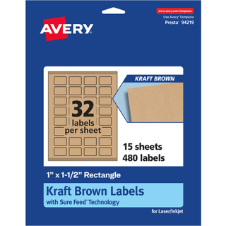 Avery Kraft Brown Rectangle Labels With Sure Feed 1 """" X 1,5 """" 480 Kraft Brown Labels Print-to-the-Edge Laser/Inkjet Printable Etiketter