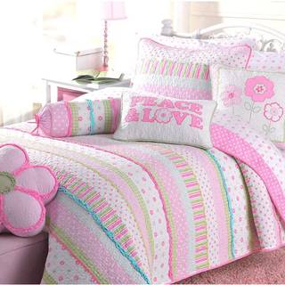 Hyggelige linje hjem mode lyser?d polka dot blomsterpige 100% bomuld reversibel quilt senget?j s?t coverlet senget?ppe (Greta pastel dronning- 6