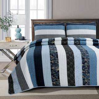 Hyggelige linje hjem mode Lakeland marinebl? hvid stribet 100% bomuld reversibelt quilt senget?j s?t Coverlet senget?ppe (Floral Stripe King - 3