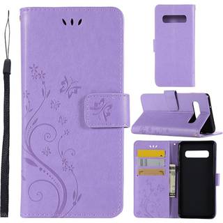 Samsung Galaxy S10 sommerfugle- og blomstertryk læder flip etui - Lilla