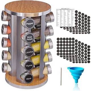 Revolving Spice Rack Set med 20 Spice Jars Kitchen Spice Tower Organizer til bordplade eller kabinet - Karruselopbevaring inkluderer 386 krydderi