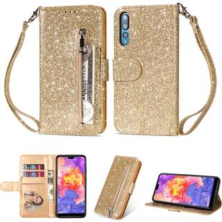 Huawei P20 Pro mobiletui i kunstlæder med glitter og kortholder - Guld