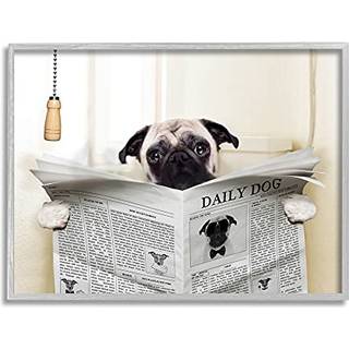Stupell Industries Pug Reading Newspaper in Badev?relse Design af In House Gray Framed Wall Art 24 X 30 Off-White
