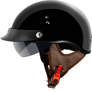 VCAN Cruiser Solid Gloss Black Half Face motorcykelhjelm med nedfldelig solskrm aftagelig spids og Quick Release-spnde (medium)