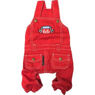 Parisian Pet Denim Dog Overalls - Broderet 'Route 66' Rd Jumpsuit - ndbar, maskinvaskbar medium hundekostume
