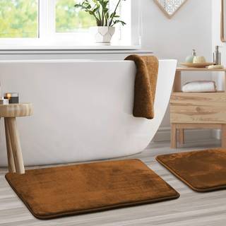 Clara Clark Solid Collection Memory Foam Bath Mat Set på 2 - Non Slip Absorbent Soft Bath Rug Set - Hurtigtørrende vaskbart bademåtte - Brun - st