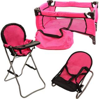 Pink Baby Doll Accessories Set - 3 i 1 Baby Doll M?bler Set med Baby Doll High Chair Baby Doll Crib Baby Doll Bouncer Seat Baby Doll Bed Set til