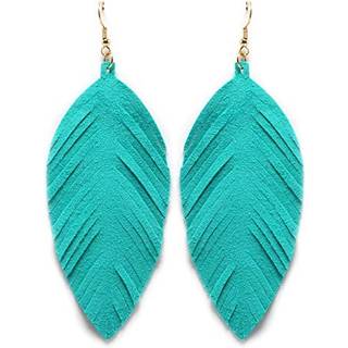 Stort ?gte bl?dt l?derh?ndlavet frynse fjer letv?gts t?re drop dingle farve?reringe til kvinder piger mode (turkis)