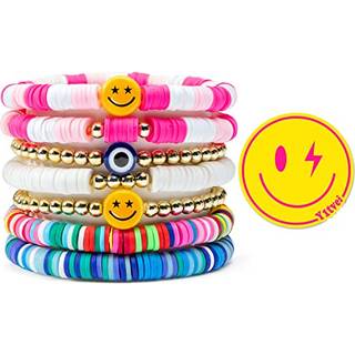 Y1tvei 7pcs heishi surfer armb?nd s?t farverig preppy lykkelig smil ond ?je beaded stretch armb?nd ler stabelbar boho skive armb?nd y2k kidcore ?