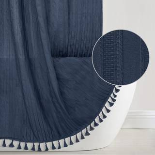 Marinebl?t bruseforh?ng Boho Farmhouse Stribet tekstureret kvast bruseforh?ng til badev?relse Minimalistisk stof bruseforh?ng S?t med krog Rynkef