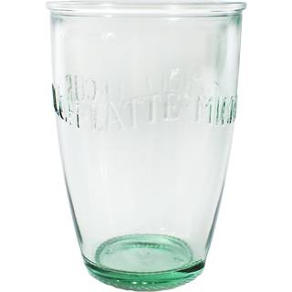 Amici Home Euro Milk Glass | 13 oz | Italiensk lavede klart genanvendt glas med grøn farvetone | Runde glas med præget design til mælkevandsaft c