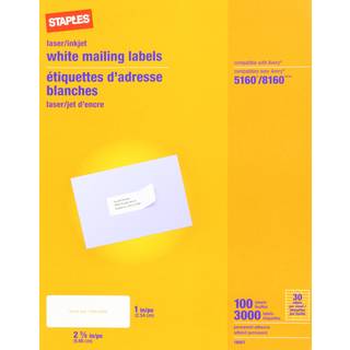 Staples White Inkjet/Laser Address Labels 1 """" X 2-5/8 """" 3 000/boks