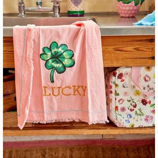 RICE Viskestykke i bomuld med Good Luck-print og broderi i blød pink