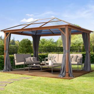 3x4m, hardtop havepavillon, inkl. 4 sidegardiner, loft grå - (300192)