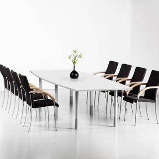 Konferencebord Consensus, Hvid 2800x1000 mm bådformet, Alugrå understel