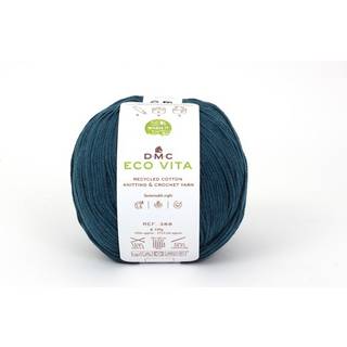 DMC Eco Vita 8 Indhold:80% Genbrugsbomuld, 20% andre fibre af høj kvalitet Vægt/længde:100 g = ca. 250 m Anbefalede pinde:4 - 5 mm Strikkefasthed:10 cm = 22 m Kan vaskes på maskine, maks. 30ºC / Tørres fladt.
