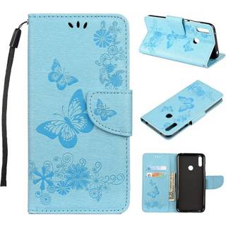 Huawei Y6 2019 sommerfugleprint på lædercover - blå