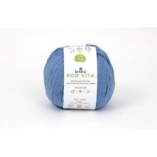 DMC Eco Vita 137 Indhold:80% Genbrugsbomuld, 20% andre fibre af høj kvalitet Vægt/længde:100 g = ca. 250 m Anbefalede pinde:4 - 5 mm Strikkefasthed:10 cm = 22 m Kan vaskes på maskine, maks. 30ºC / Tørres fladt.