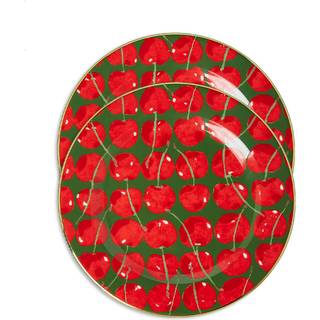La DoubleJ Tableware - 'Cherries Verde' dessert plate, set of two in green 100% PORCELAIN