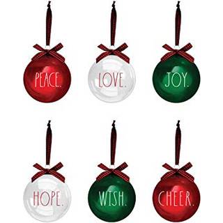 Rae Dunn Christmas Ornamenter - S?t med 6 glasbolde - Red Green Clear - Peace Love Joy