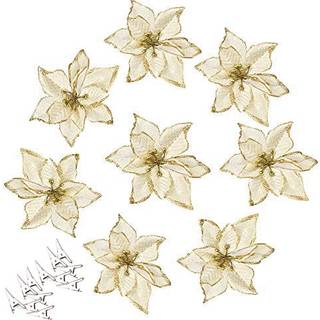 AMAjoy 12pcs Glitter Poinsettia Christmas Tree Ornament Artificial Wedding Christmas Flowers Xmas Tree Wreans Decor Ornament 5,5 tommer Rød og gu