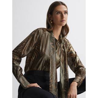 Reiss Reiss Gold Kendall Metallic Animal Print Tie Neck Blouse