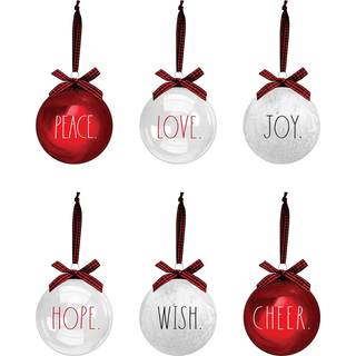 Rae Dunn Christmas Ornamenter - S?t med 6 glasbolde - R?d hvid klar - Fred K?rlighed Joy Hope Wish Cheer - 60 mm / 2,36 tommer h?ngende ferie dek