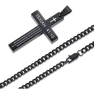 Revemcn Inspirational Bible Verse Cross Necklace For Men Boys Rustfrit Steel Plain Black Silver Cross Pendant Necklace For Men 20-24 Inches Curb