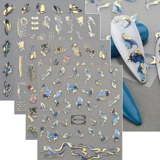 12 ark graffiti nagelkonst klistermärken 3d vit svart guld rand linje nagel dekaler självhäftande abstrakt marmor våg blomma blad klistermärken f